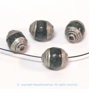 4 Beads - Tibetan silver tone capped small size green color agate beads from Nepal 8-9 mm x 9 -11 mm - BD975A