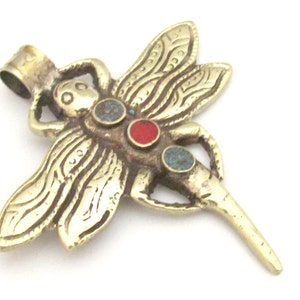 1 Pendant - Tibetan silver carved Dragonfly pendant with turquoise  inlay and reverse side flower carving repousse - PM346A