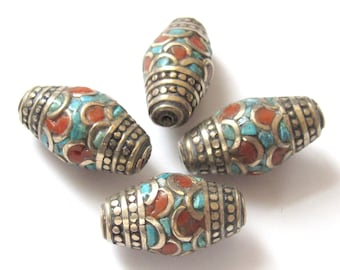 2 Beads -Tibetan beads - Nepal beads - nepalese beads - Gorgeous nepalese brass beads with turquoise  inlay - BD237