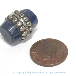 1 Bead - Tibetan silver color encased  lapis lazuli gemstone  bead from Nepal  - BD453B