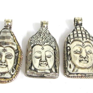 1 Pendant -Large carved bone Shiva Buddha pendants with floral carving on reverse side Tibetan Nepal ethnic supplies - PB010C