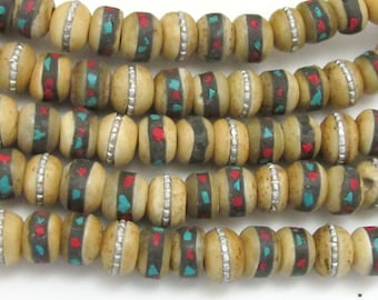 May include: Close-up of strands of beads. The beads are a light beige color with a dark gray band in the center. The band is inlaid with red and turquoise colored stones. The beads are separated by a silver-colored spacer.