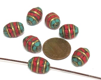 2 beads - Tibetan Nepal beads Red blue color mosaic band design brass beads with turquoise  inlay   - BD898F