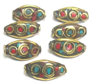 Nepal beads - 2 Beads - Rice bean shape ethnic nepal beads with circles design brass turquoise  inlays - Tibetan beads - BD951