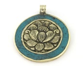 1 Pendant - Tibetan pendant Brass lotus flower reversible pendant with turquoise inlay ethnic Nepal pandent - PM515