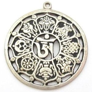 Tibetan  ashtamangala auspicious symbols Om pendant Tibetan pendant antiqued silver finish ethnic Nepal supplies- CP060K