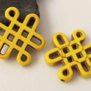2 beads - Tibetan knot symbol magnesite beads - Yellow color - GM159