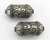 1 BEADS - Long thick cylinder scroll shape Tibetan silver repousse floral design bead- BD491
