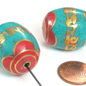 2 Beads - Large thick size  Tibetan prayer mantra om mani padme hum  Bead with turquoise   inlay - BD103Ks