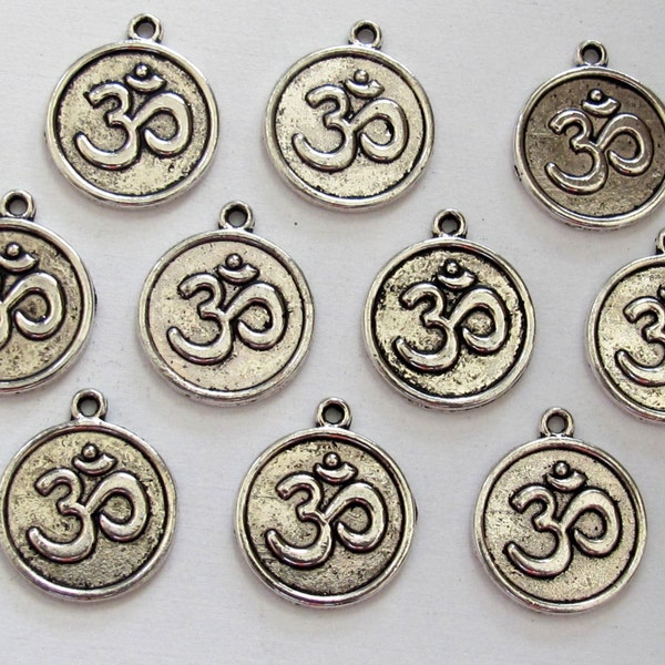 8 pieces - silver  tone yoga meditation om metal disc charms beads  - BD589
