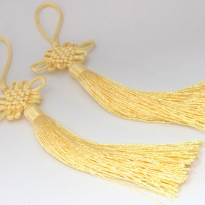 1 Piece  - Long golden butter tan color chinese infinity knot tassel charm supplies - 8.5 inches long - BD860