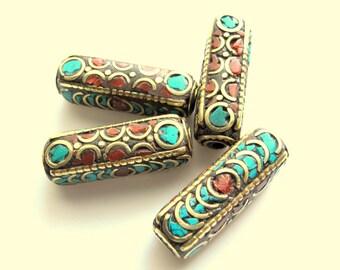 1 bead - Ethnic Nepal beads inlaid brass bead Long tubular brass bead turquoise inlaid from Nepal Tibetan Beads - BD392