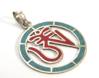 1 pendant - Tibetan Om Round shape  with turquoise coral inlay - PM540C