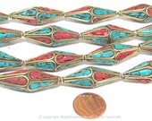 2 Beads - Long Bicone shape ethnic Nepal brass beads with turquoise coral inlay - 37 mm long - BD973