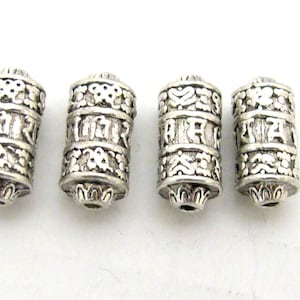 4 BEADS - Tibetan om mantra ashtamangala symbols scroll shape silver tone metal beads 15 mm x 7 mm - BD788