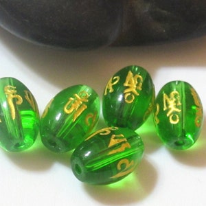 Bicone rice shape Tibetan om mantra etched green  quartz beads 12 mm - 4 beads - GM257