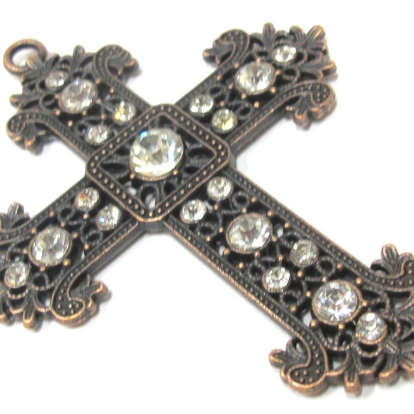 1 Pendant - Large copper color plated Cross rhinestone crystal pendant - MG024B