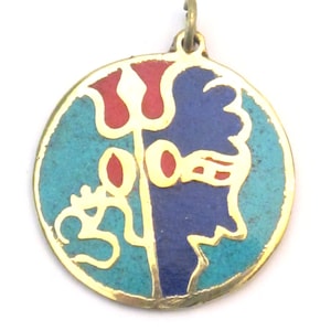 Hindu Lord Shiva symbol trident om brass pendant  with lapis , turquoise and coral inlay - PM185B