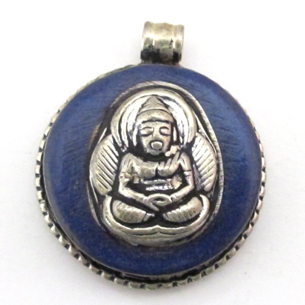 Tibetan silver lapis inlay meditating Buddha pendant  - PM184A