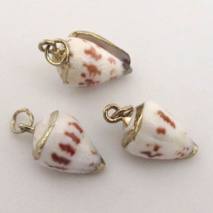 May include: Three small seashell charms with gold-colored metal accents. The shells are white with reddish-brown spots and a gold-colored metal loop for attaching to a necklace or bracelet. The charms are cone-shaped.