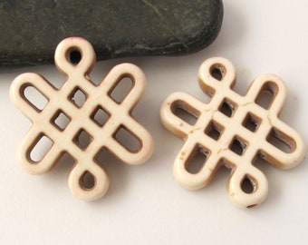 2 beads - Tibetan knot symbol magnesite beads - cream white color - GM157