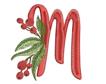 May include: Red embroidered letter "M" with a decorative sprig of green leaves and red berries. The design is on a white background, suitable for holiday or seasonal crafts. The embroidery has a textured appearance.