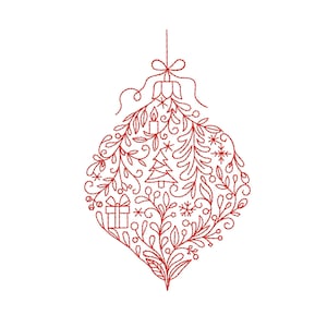 May include: Red embroidered Christmas ornament design with a gift, candle, Christmas tree, and snowflake details. The ornament is a teardrop shape with a bow at the top, perfect for holiday decor.