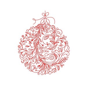 Può includere: Sfera natalizia rossa con un intricato design floreale e di foglie. L'ornamento è rotondo con un fiocco in cima e il disegno è un disegno a tratto continuo. Sfondo bianco.