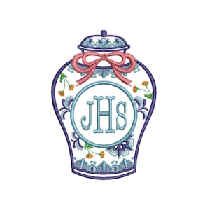 MACHINE EMBROIDERY DESIGN - Ginger Jar Chinoiserie Vase family Monogram Instant Download 4x4 7x5