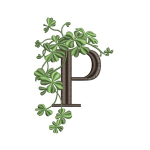 May include: A brown letter P with green shamrock leaves and vines growing around it.