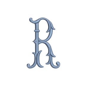 May include: A light blue embroidered letter "R" with a decorative, ornate design. The letter features a serif font with flourishes and curves, and is set against a white background. The embroidery has a textured appearance.
