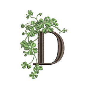 Diseño de bordado a máquina con la letra mayúscula D digitalizada a partir del alfabeto irlandés, bordado de trébol del día de San Patricio, 4 x 4, 7 x 5