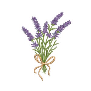 Puede incluir: Ramo bordado de flores de lavanda con flores moradas y tallos verdes, atado con una cinta color canela. El diseño floral se encuentra sobre un fondo blanco, mostrando la costura detallada.
