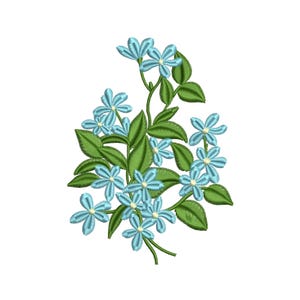 以下が含まれることがあります： 緑の葉が付いた薄い青色の花が密集しています。花はブーケのような形に配置されています。