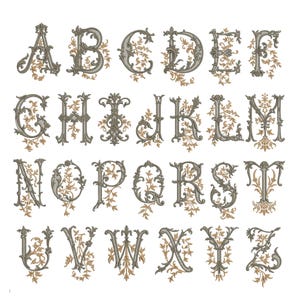 Machineborduurontwerp met antieke hoofdletter: heel alfabet met bloemen (digitale download)