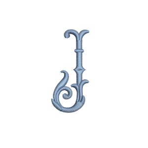 May include: A light blue embroidered letter "J" in a decorative, ornate font. The letter features a stylized design with swirling flourishes and a textured appearance, set against a white background.