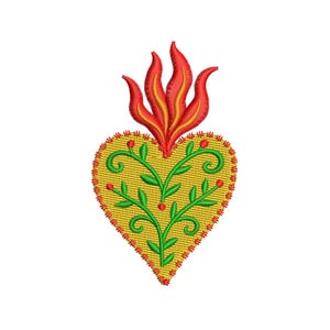 Può includere: Cuore ricamato con un designo a fiamma. Il cuore è giallo con viti verdi e accenti rossi. La fiamma è rossa e arancione.