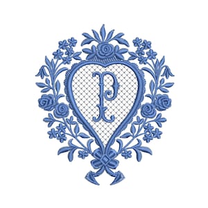 DESIGN DE BORDADO À MÁQUINA - Monograma de casamento Chinoiserie de salgueiro azul letra P 4x4 7x5 Monograma jef pes hus costura exp pcs dst vp3 xxx