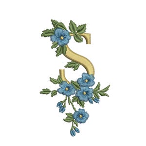 Diseño de bordado a máquina Letra mayúscula S Letra de flor azul, letra S floral, bordado de no me olvides 4x4 7x5 pes hus dst sew jef