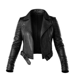 May include: Black leather biker jacket with an asymmetrical zip, notched collar, and quilted shoulder and sleeve detailing. Includes a waist belt. A classic motorcycle jacket style.