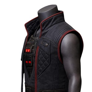 May include: Black vest with red trim and accents, displayed on a mannequin. The vest features a quilted pattern on the front and a high collar. The design includes a chest plate with red illuminated details, suggesting a futuristic or sci-fi theme.