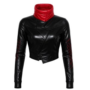 May include: A black leather jacket with a red collar. The jacket features an asymmetrical design and red stitching on the sleeves. The collar is a high, rounded style.