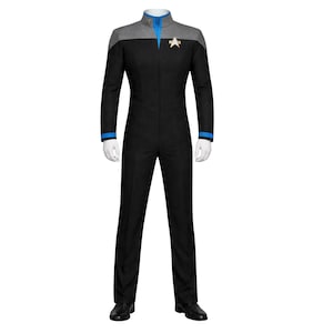May include: Black jumpsuit with gray shoulder accents, blue trim, and a gold star emblem. The costume features a mandarin collar with blue and gray details. The long-sleeved jumpsuit has a tailored fit and is worn with black shoes.