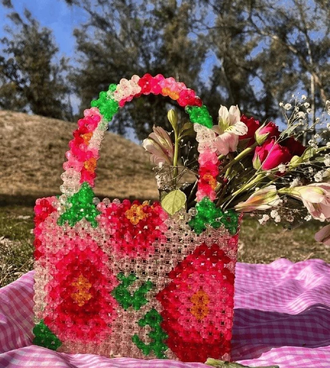 【typeservice】24fw Rose Beads Bag Rose Beaded Bag, Rose Garden Bead Bag, Beaded Clutch Bag