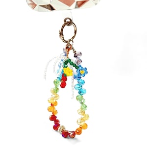 Regenbogen Kristall Perlen Handyanhänger, Taschenanhänger, handgemachte Perlen Blume, bunte Armband, niedliche Handschlaufe, stilvolles tägliches Accessoire Geschenk