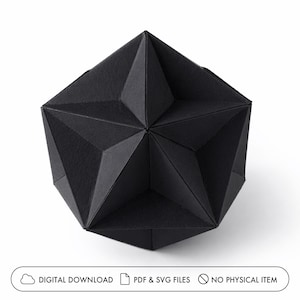 May include: A black, geometric papercraft star-shaped box. The box has a multi-faceted design with sharp angles and a star shape on top. The image includes the text "DIGITAL DOWNLOAD", "PDF & SVG FILES", and "NO PHYSICAL ITEM".