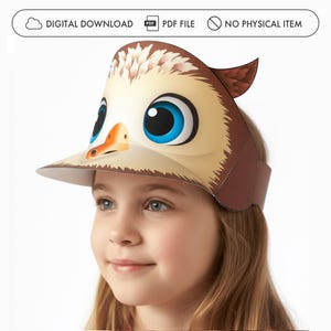 May include: A printable paper visor featuring a cartoon owl design with large blue eyes, a small orange beak, and brown feather patterns. The top banner text reads: DIGITAL DOWNLOAD, PDF FILE, NO PHYSICAL ITEM.