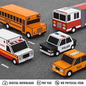 Nesting Cars Paper Craft Kit | Printable DIY 3D Vehicles for Kids | Fire truck, School Bus, Police Car, Ambulance | Stackable Paper Toys