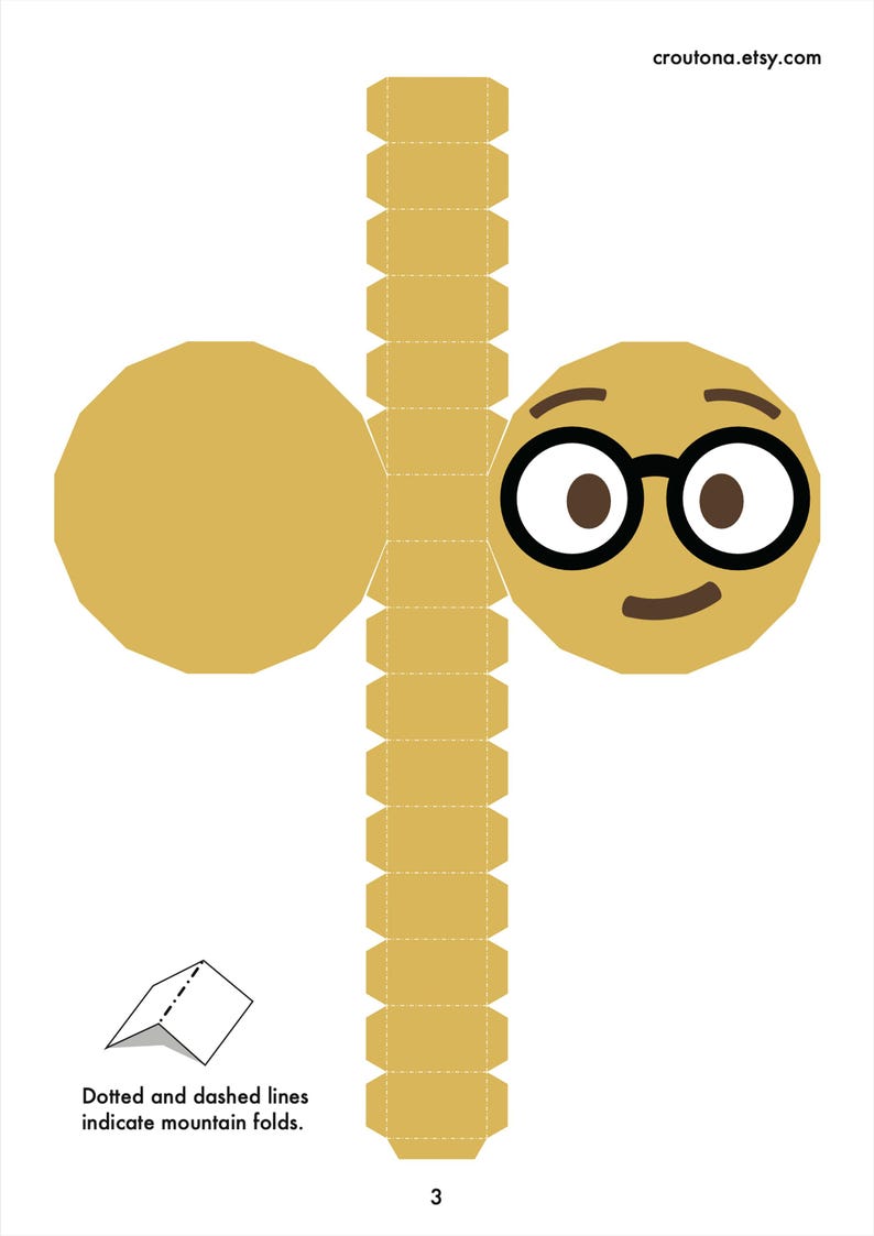 May include: A printable papercraft template of a yellow emoji wearing glasses and smiling. Dotted and dashed lines indicate mountain folds. The template is labelled "3".
