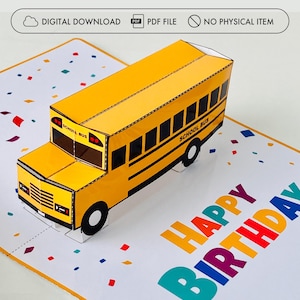 Skolbuss popup-födelsedagskort | Gör-det-själv-papperspysselmall (PDF-nedladdning)